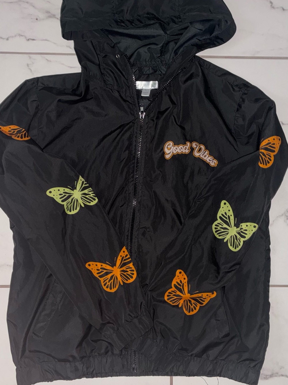 Black Hooded Rain Jacket with Orange & Lime Butterfly Print - Good Vibes